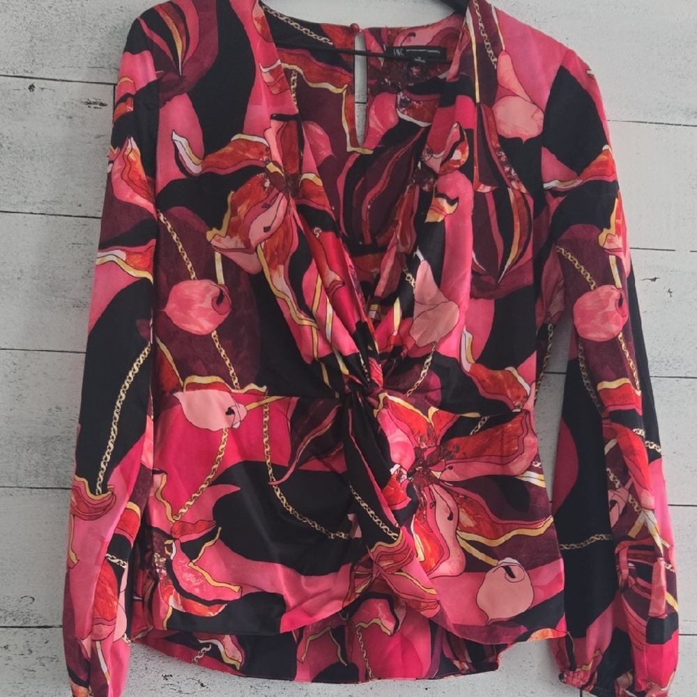 INC International Concepts Pink Long Sleeve Tie Front Blouse